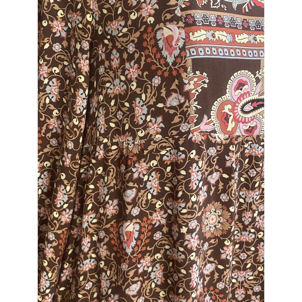Tribal dress Brown Paisley Floral Tiered‎ Midi Dress Long Sleeve Boho Size L - Picture 4 of 8